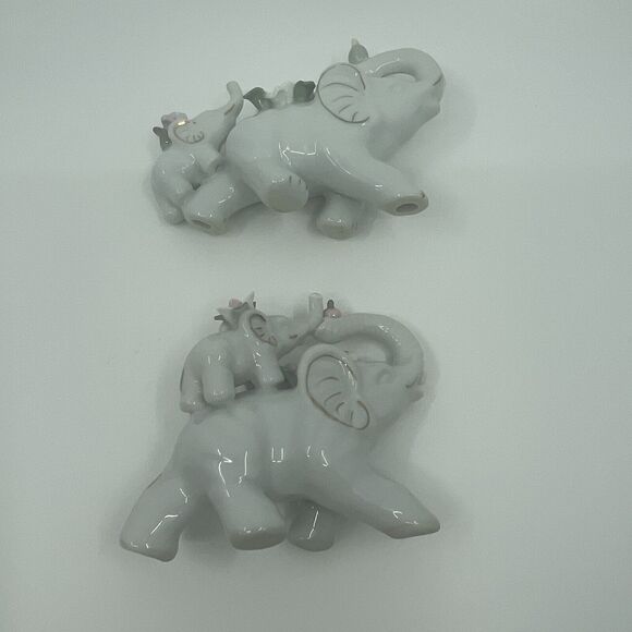 3½" Vintage Small White Elephant Figurine Flowers Baby Family Pottery Porcelain - Picture 9 of 13
